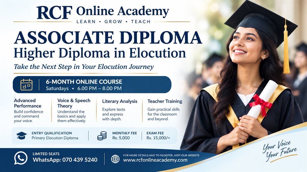 Poster for the Associate Diploma, Higher Diploma in Elocution, a six-month online course on Saturdays from 6.00 p.m. to 8.00 p.m.
