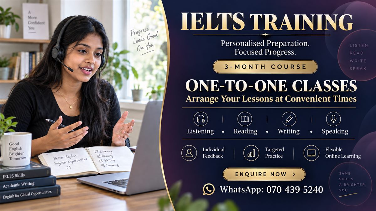 Promotional banner for one-to-one IELTS training, showing a candidate in an online lesson with a headset and notes