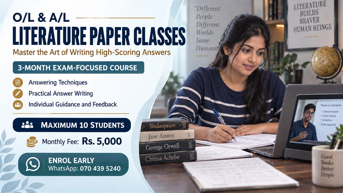 Poster for the O/L and A/L Literature paper classes, showing a student writing answers during an online lesson