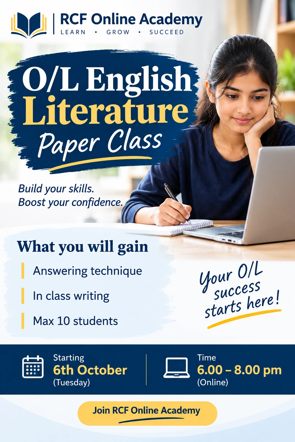 Poster for the O/L English Literature Paper Class at RCF Online Academy: a two-month online course 6.00 to 8.00 p.m., limited to ten students