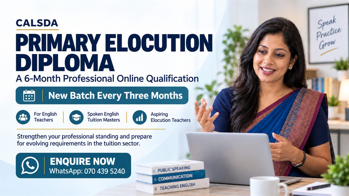 Poster for the CALSDA Primary Elocution Diploma course, showing a teacher speaking during an online class
