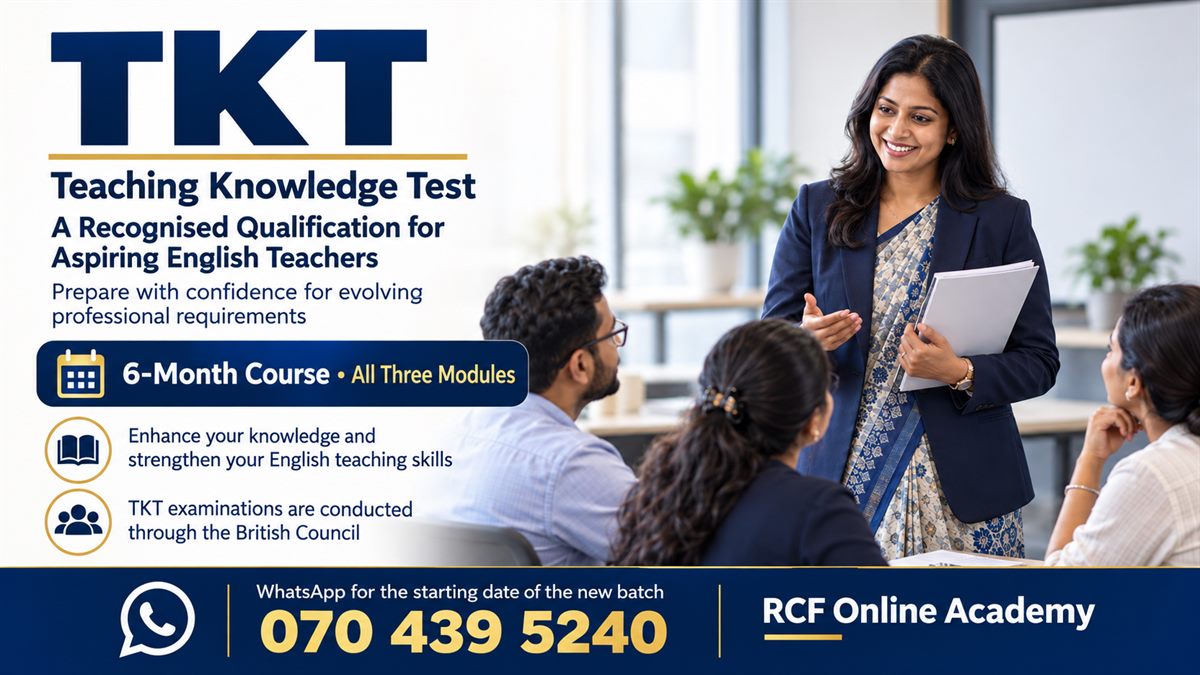 Promotional banner for the TKT Teaching Knowledge Test course, showing a teacher leading a small group of adult trainees