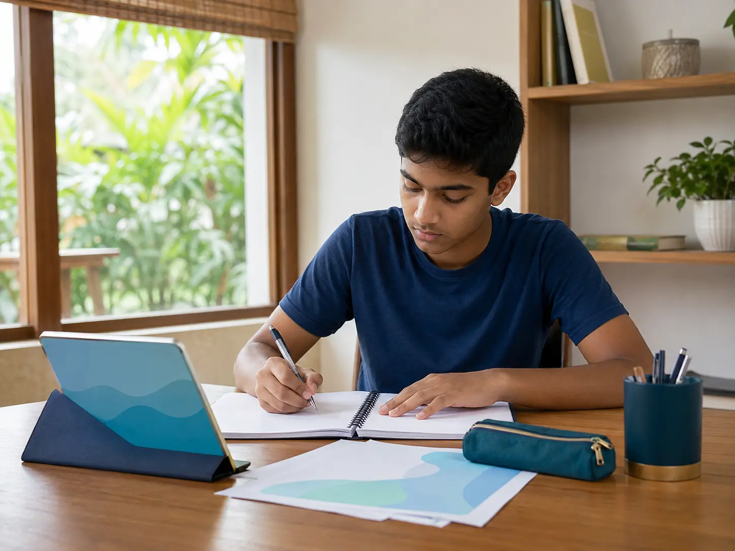 A secondary-school student working through written exercises at a desk at home, with a notebook, worksheets and a tablet