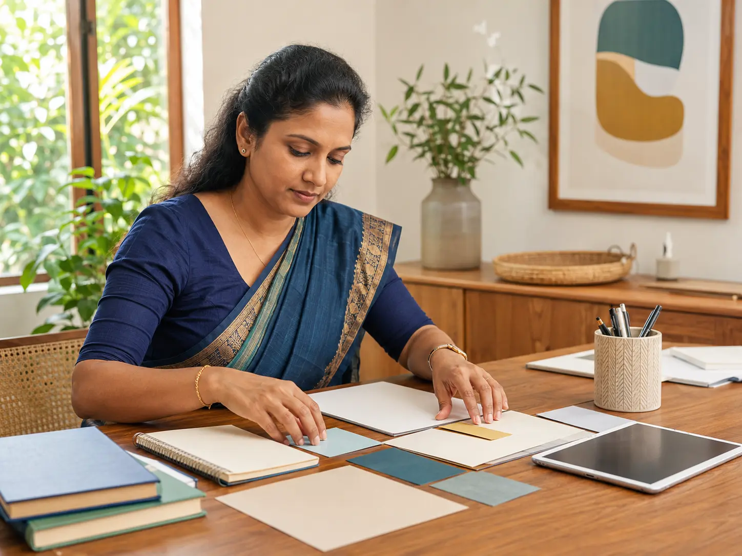 An English teacher laying out lesson materials and worksheets across a desk while planning a lesson