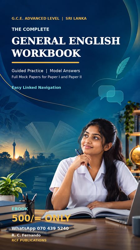 Cover graphic for The Complete General English Workbook by R. C. Fernando, showing an Advanced Level student at a desk with books and a laptop