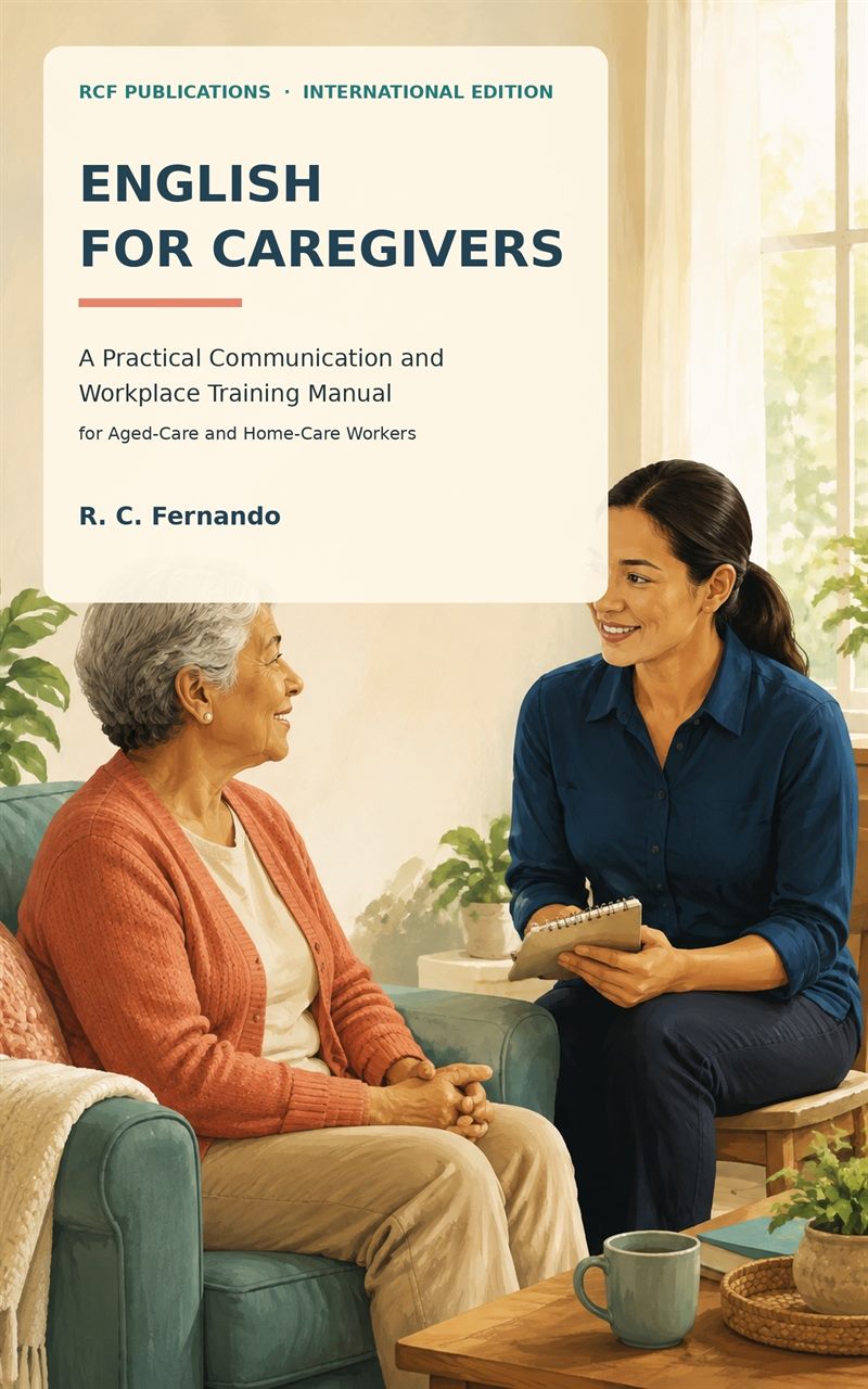 Front cover of English for Caregivers by R. C. Fernando, International Edition, showing a care worker talking with an older woman at home
