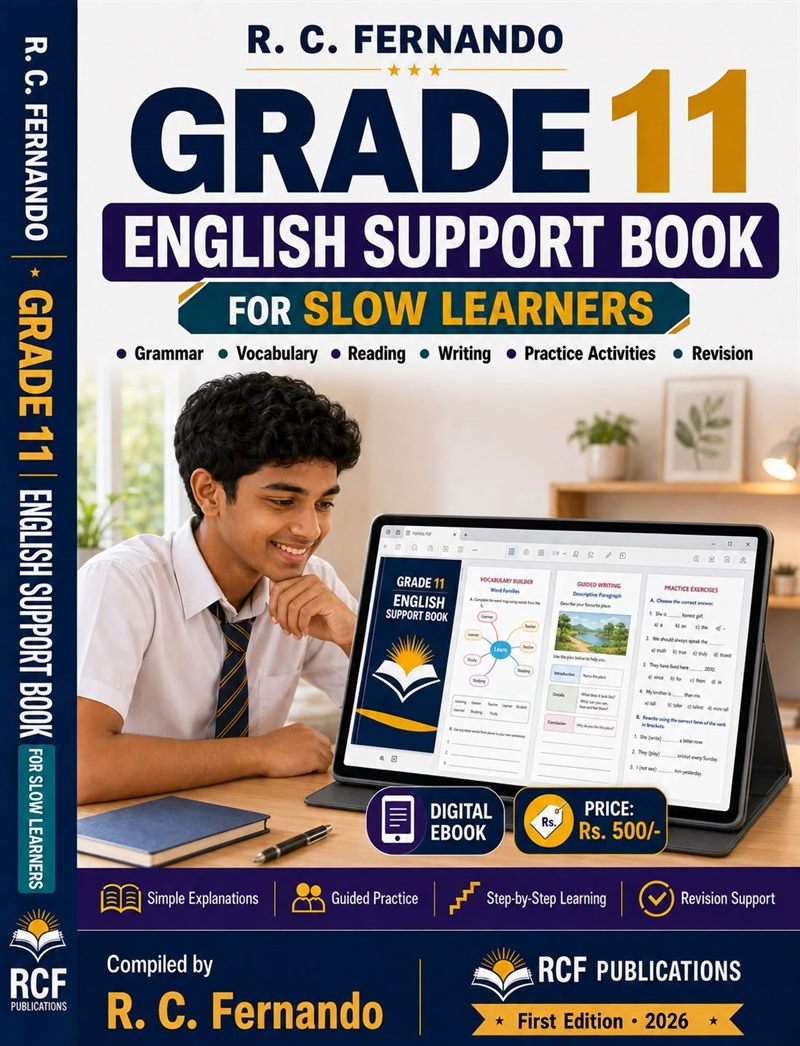 Front cover of the Grade 11 English Support Book for Slow Learners by R. C. Fernando, showing a student reading the book on a tablet