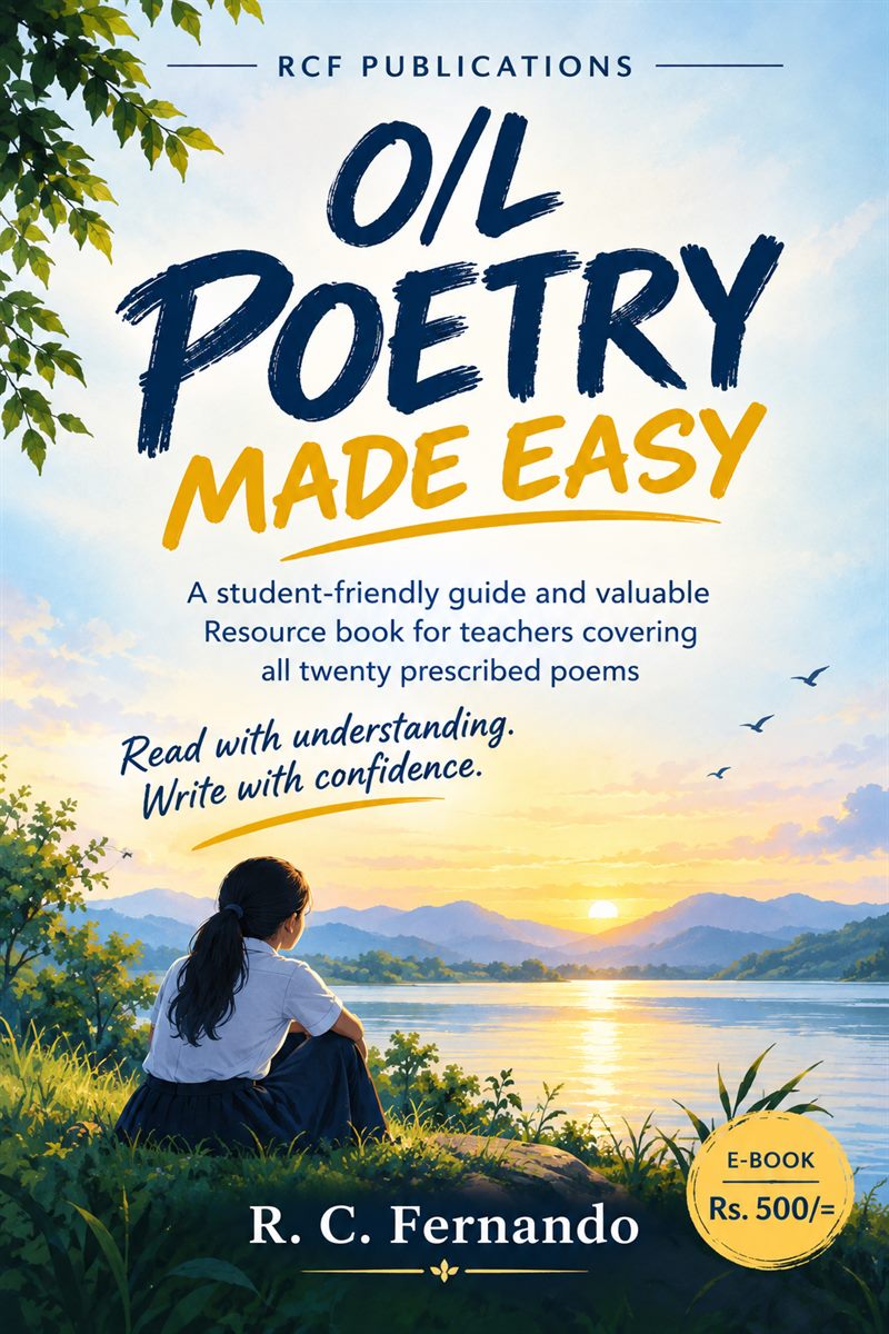 Front cover of O/L Poetry Made Easy by R. C. Fernando, showing a student looking out over a lake at sunrise