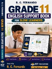 Front cover of the Grade 11 English Support Book for Slow Learners by R. C. Fernando, showing a student reading the book on a tablet